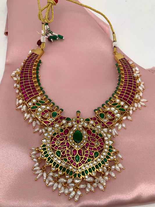 Red Jadau Kundan Real Rice Pearls Neckline Necklace