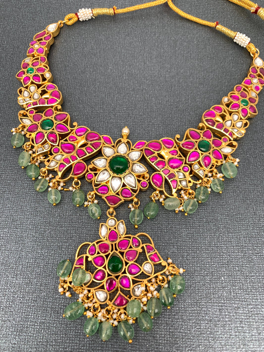 Red Jadau Kundan Emerald Beads Neckline Necklace