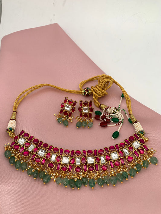 Red Jadau Kundan Emerald Beads Neckline Necklace