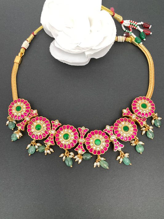 Red Jadau Kundan Emerald Beads Short Necklace