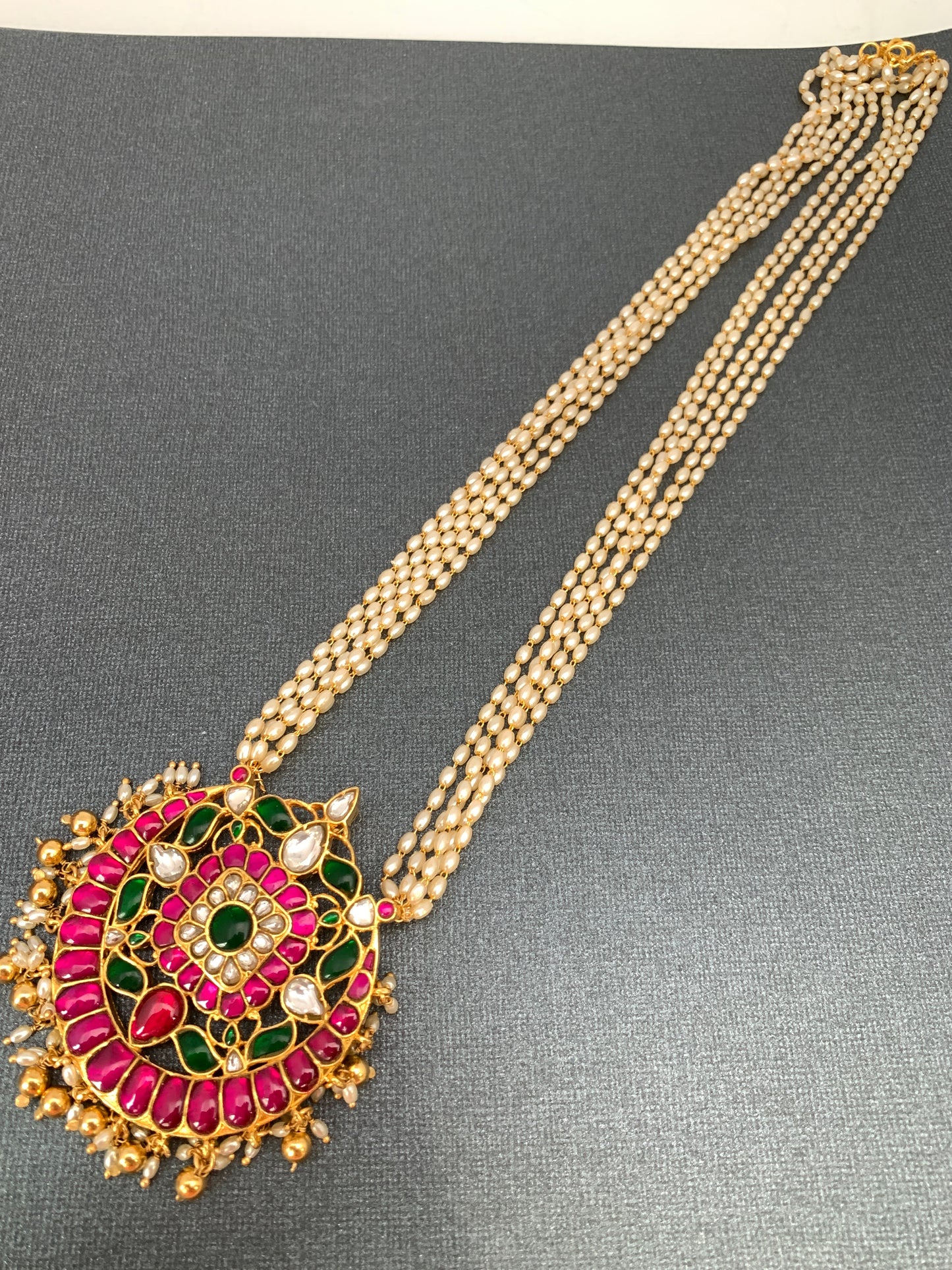 Red Green Jadau Kundan Pendent with Rice Pearls Mala