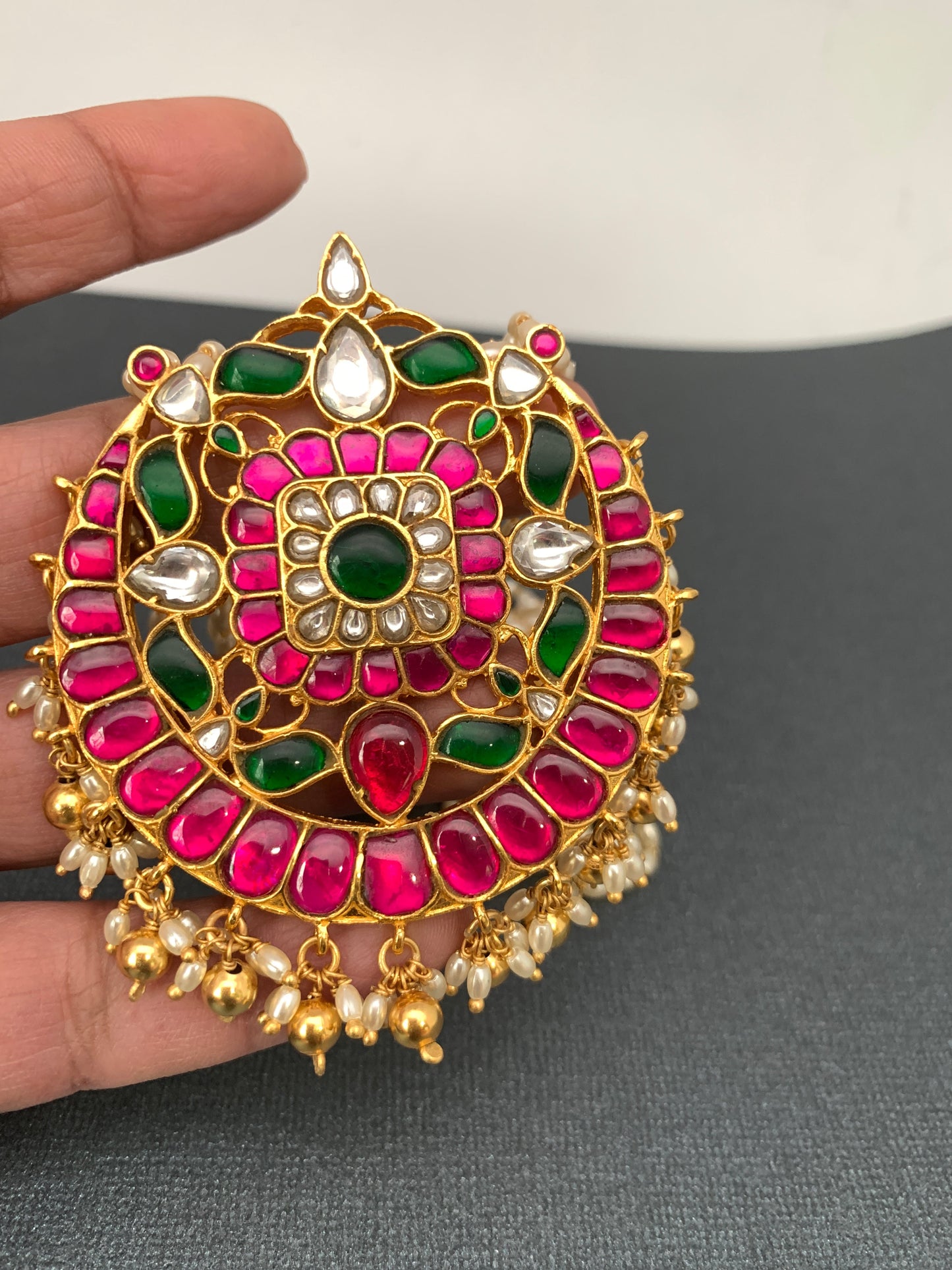 Red Green Jadau Kundan Pendent with Rice Pearls Mala