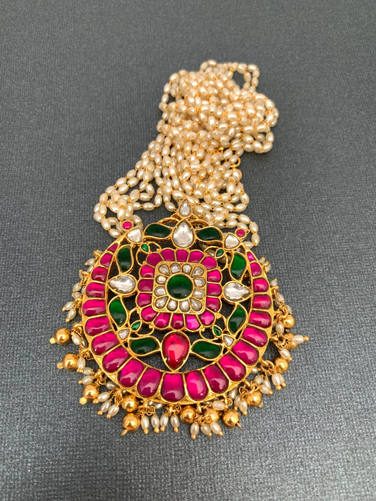 Red Green Jadau Kundan Pendent with Rice Pearls Mala