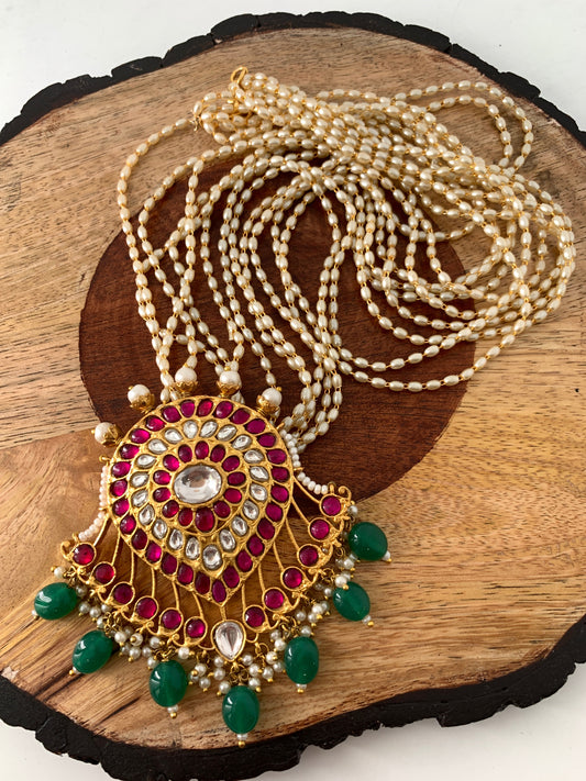 Red Green Jadau Kundan Emerald Beads Pendent with Rice Pearls Mala