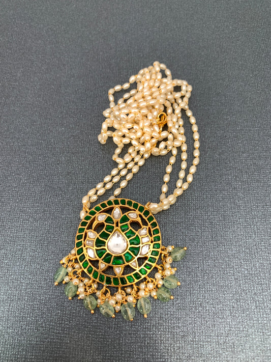 Green Jadau Kundan Emerald Beads Pendent with Rice Pearls Mala