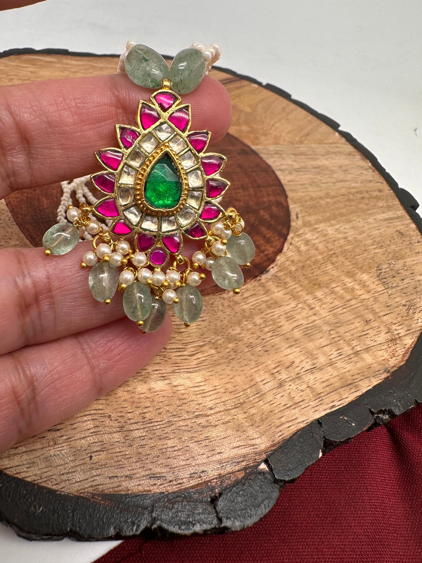 Red Green Jadau Kundan Short Necklace