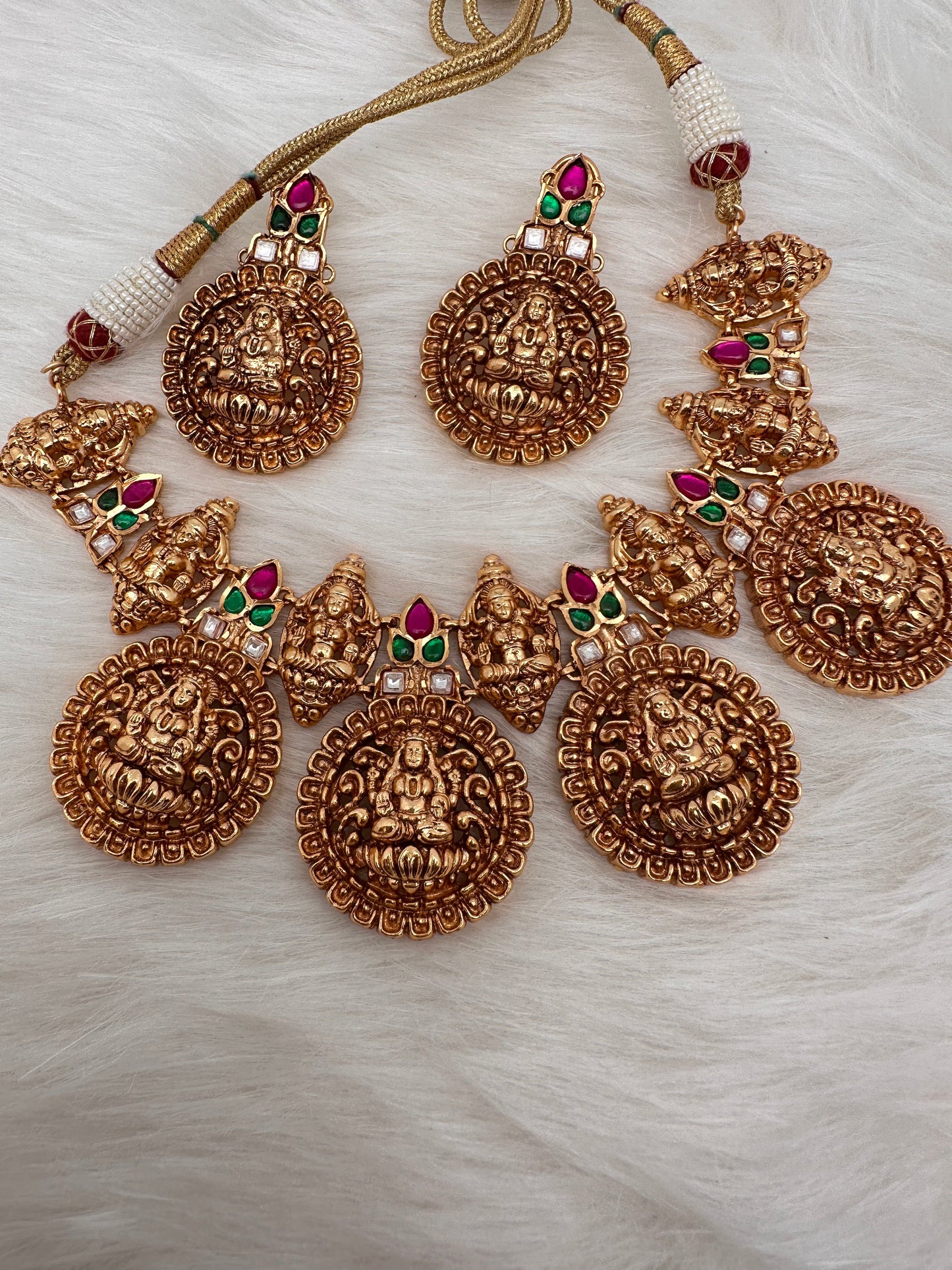 Goddess Lakshmi Nakshi Pink Green Jadau Kundan Neckline Necklace