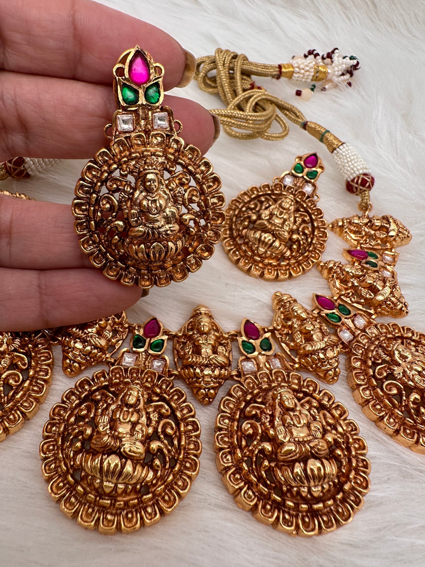 Goddess Lakshmi Nakshi Pink Green Jadau Kundan Neckline Necklace