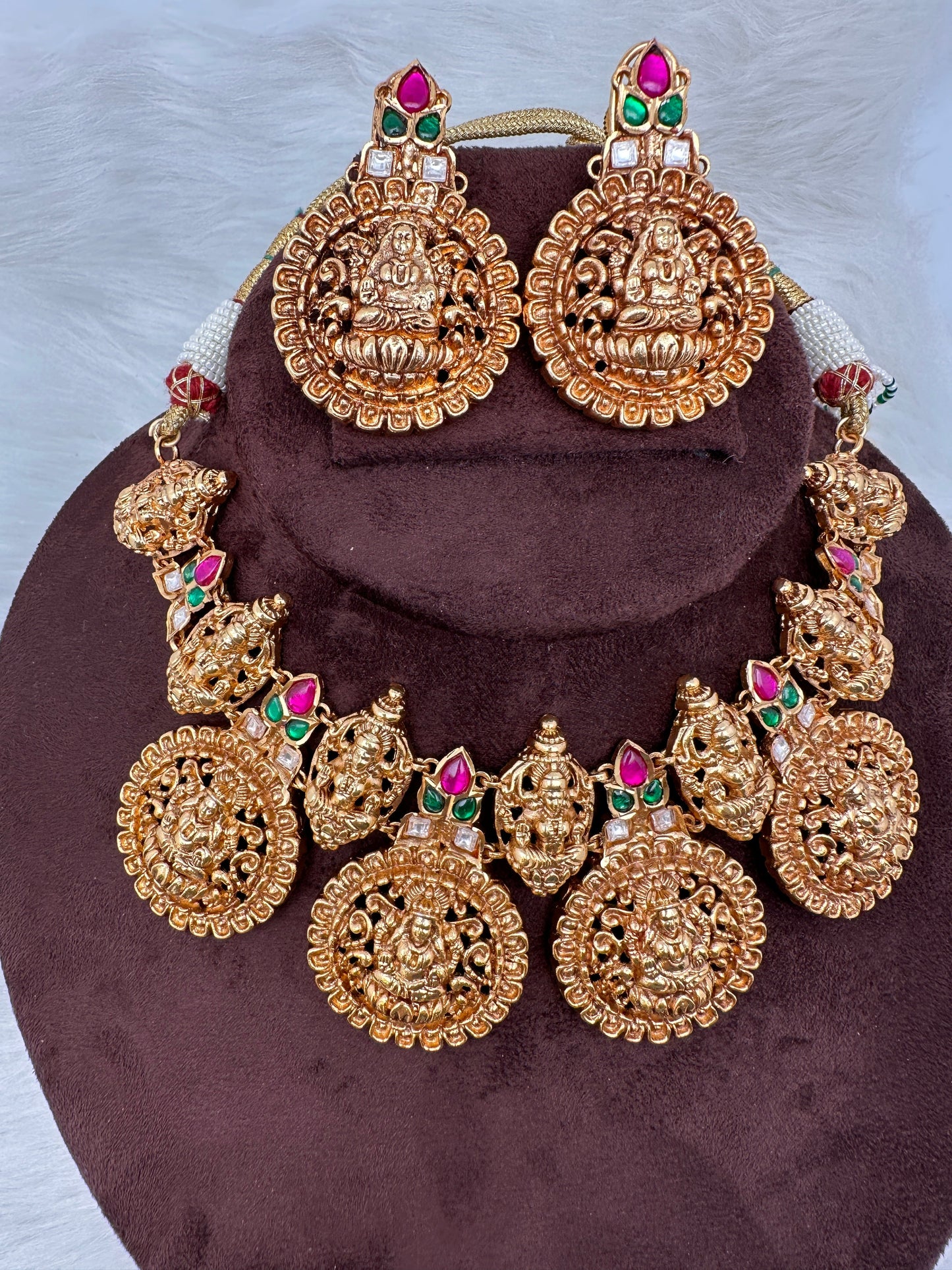 Goddess Lakshmi Nakshi Pink Green Jadau Kundan Neckline Necklace