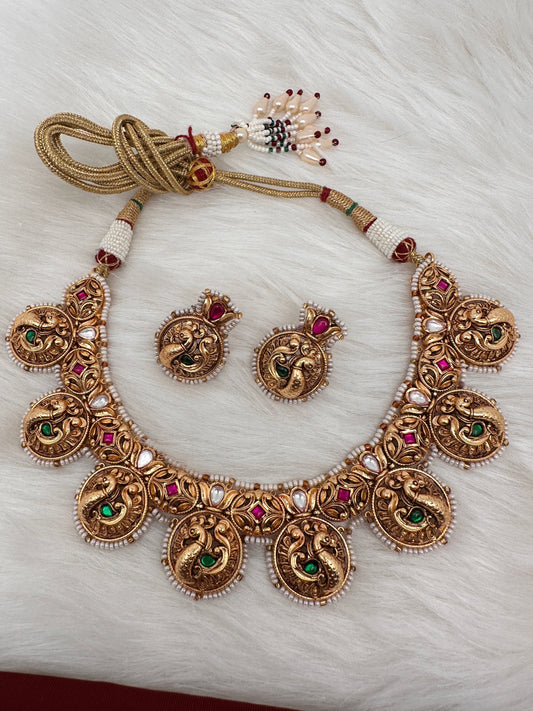 Peacock Nakshi Pink Green Jadau Kundan Neckline Necklace