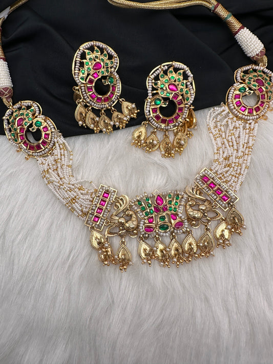 Peacock Nakshi Red Green Jadau Kundan Neckline Necklace