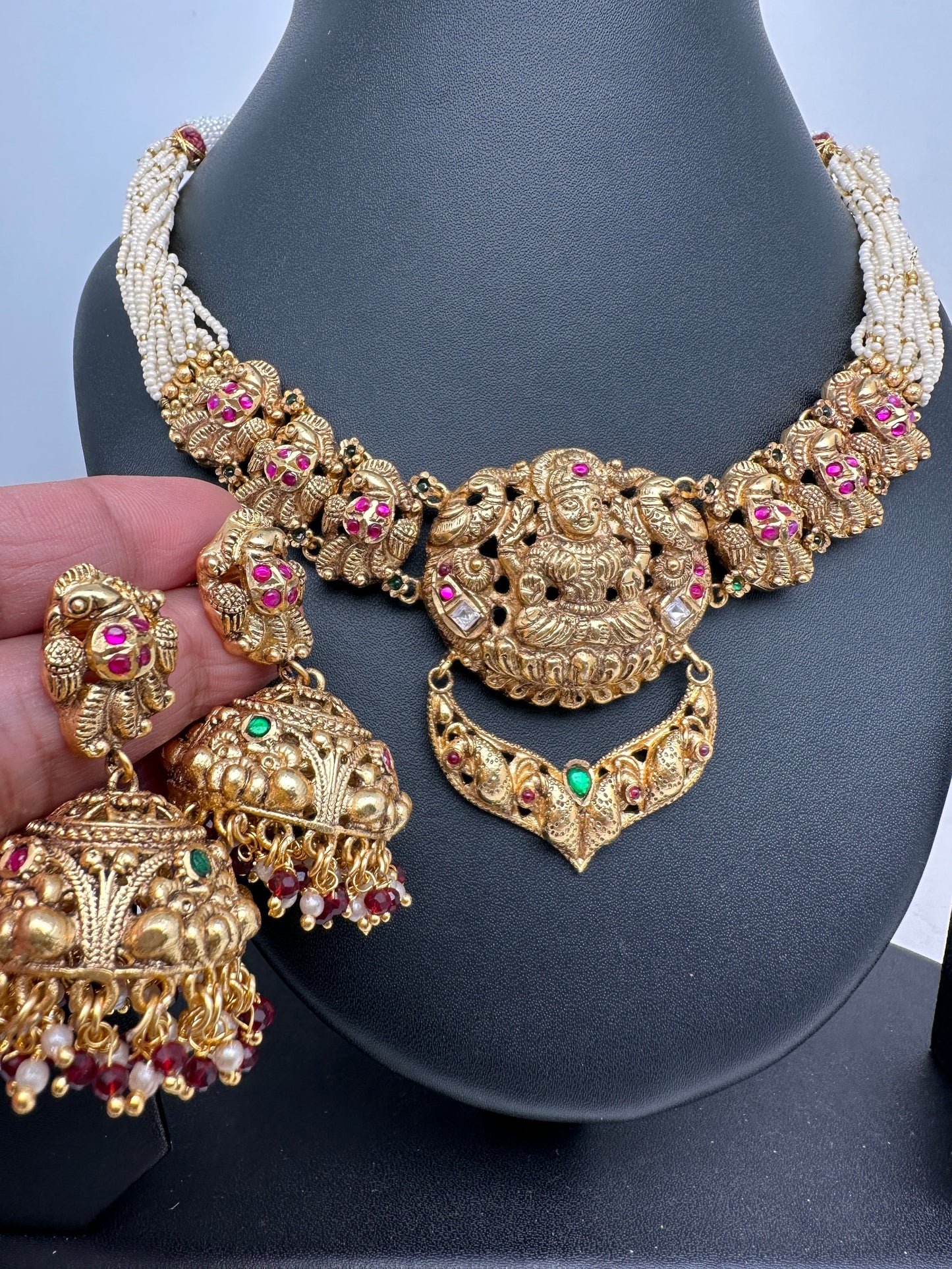 Goddess Lakshmi Nakshi Red Green Jadau Kundan Neckline Necklace