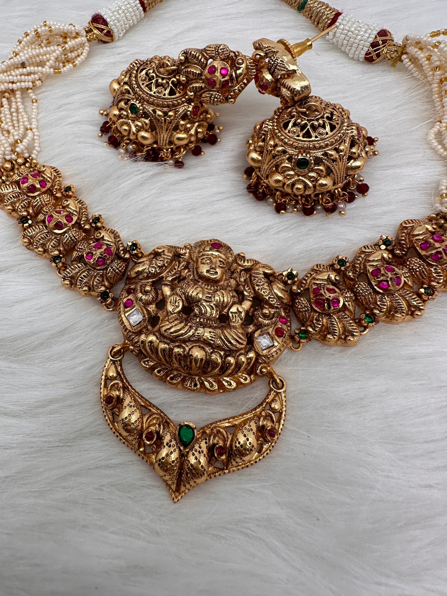 Goddess Lakshmi Nakshi Red Green Jadau Kundan Neckline Necklace