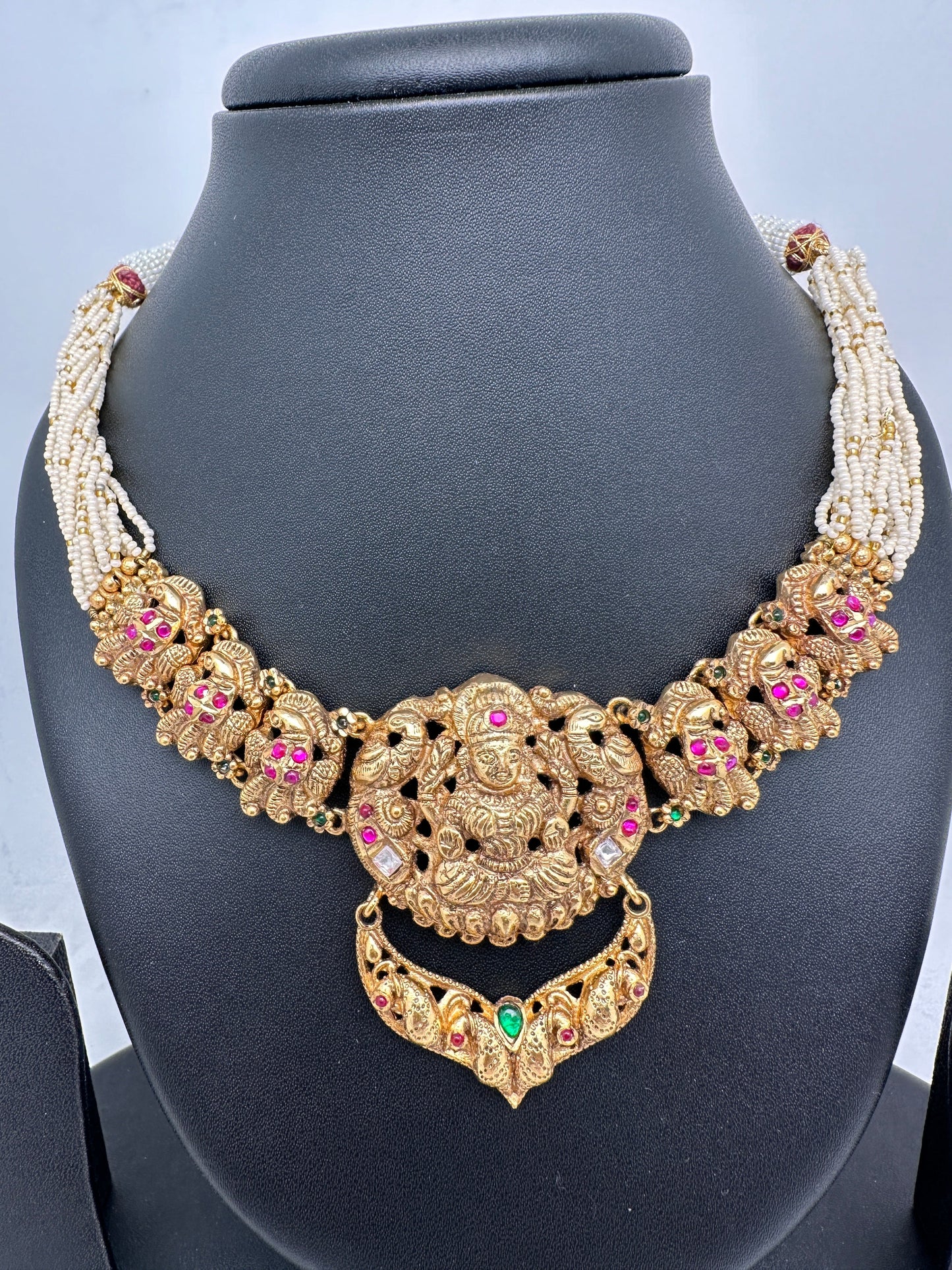 Goddess Lakshmi Nakshi Red Green Jadau Kundan Neckline Necklace