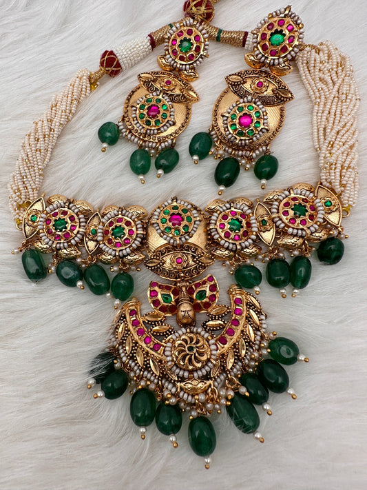 Peacock Nakshi Red Green Jadau Kundan Green Beads Neckline Necklace