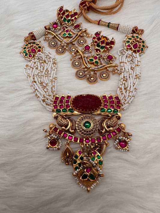 Red Carved Stone Peacock Red Green Jadau Kundan Neckline Necklace