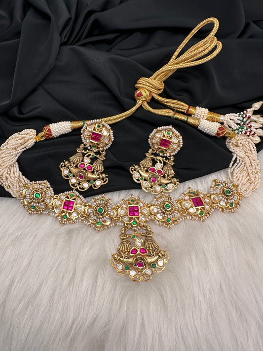 Red Green Jadau Kundan Micro Pearls Statement Neckline Necklace