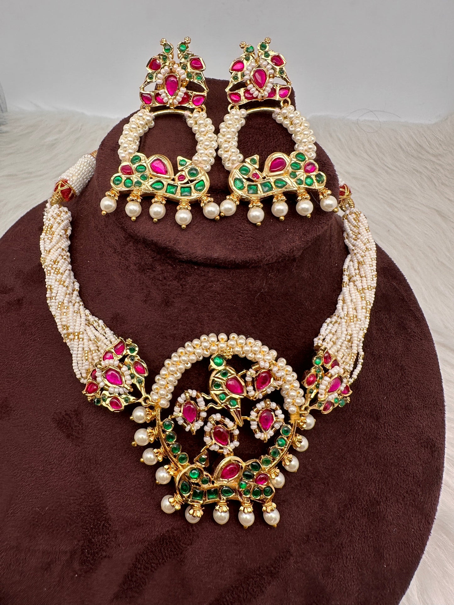 Red Green Jadau Kundan Micro Pearls Statement Neckline Necklace