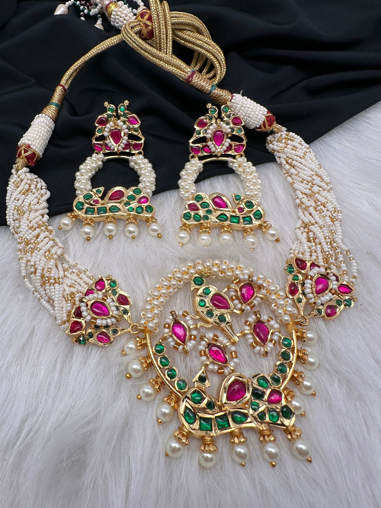 Red Green Jadau Kundan Micro Pearls Statement Neckline Necklace