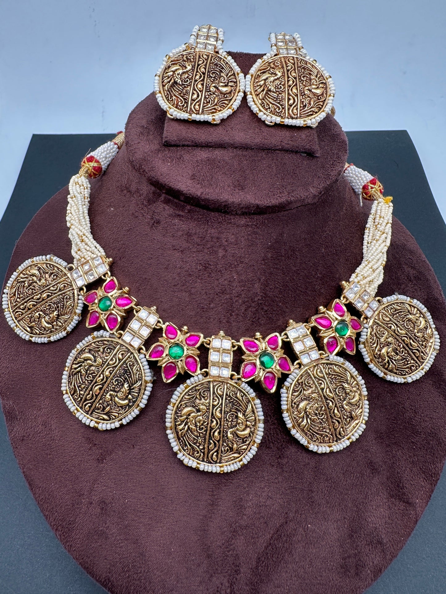 Red Green Jadau Kundan Micro Pearls Statement Neckline Necklace