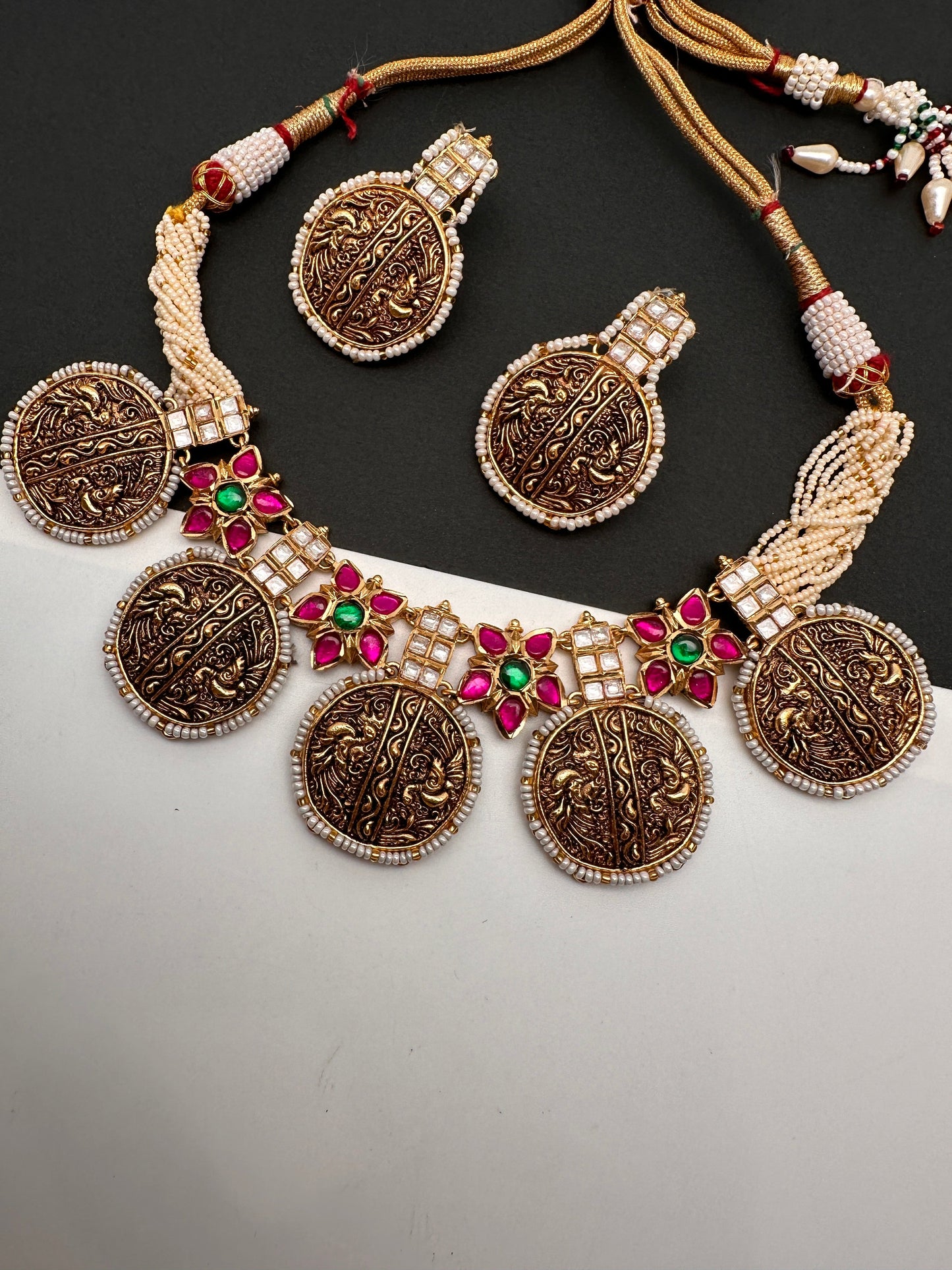 Red Green Jadau Kundan Micro Pearls Statement Neckline Necklace