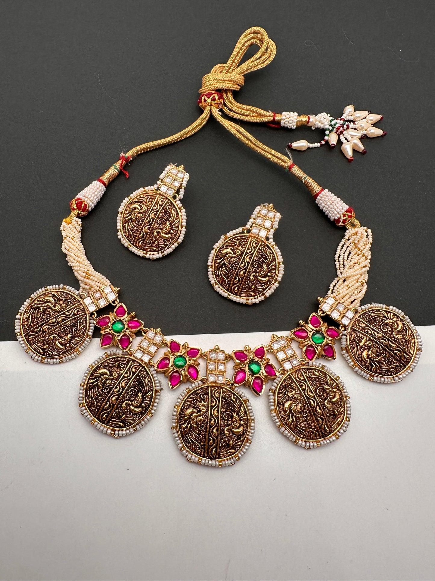 Red Green Jadau Kundan Micro Pearls Statement Neckline Necklace