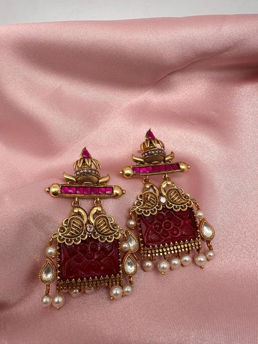 Red Jadau Kundan Red Carved Stone Earrings