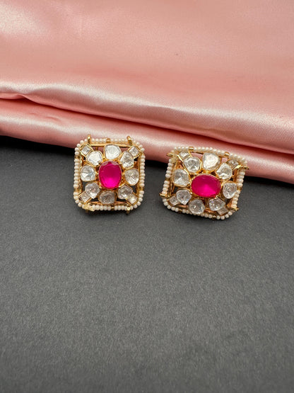 Jadau Kundan Color Stone Stud Earrings - Red