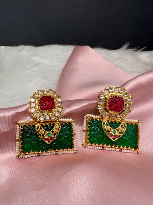 Red Green Carved Stone Jadau Kundan Earrings