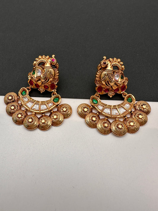 Peacock Nakshi Red Green Jadau Kundan Earrings