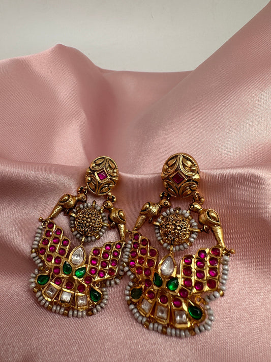 Matte Finish Red Green Jadau Kundan Earrings