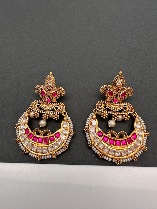 Matte Finish Red Jadau Kundan Chandbali Earrings