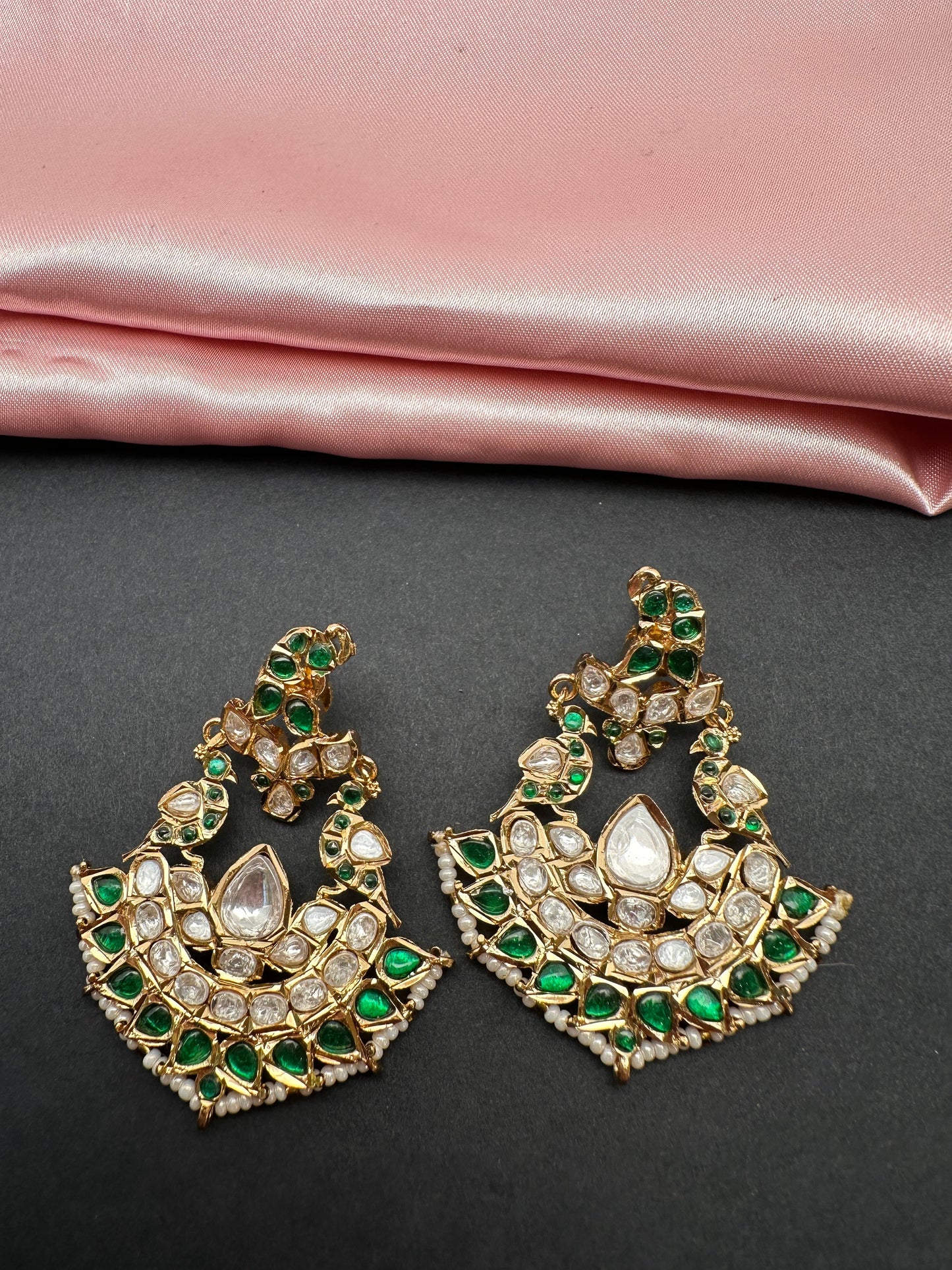 Green Jadau Kundan Chandbali Earrings