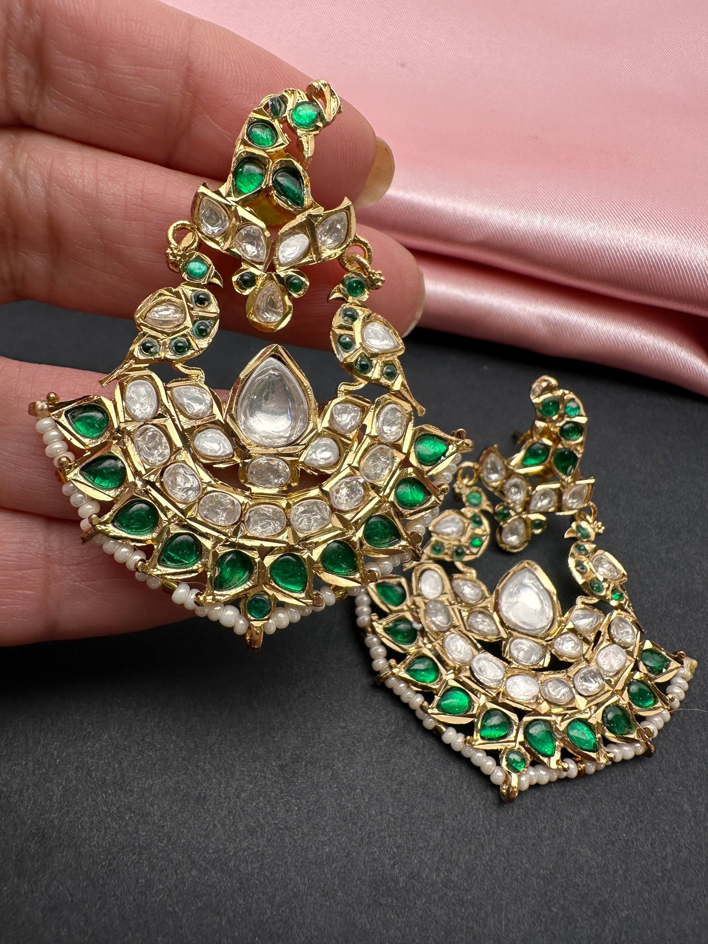 Green Jadau Kundan Chandbali Earrings