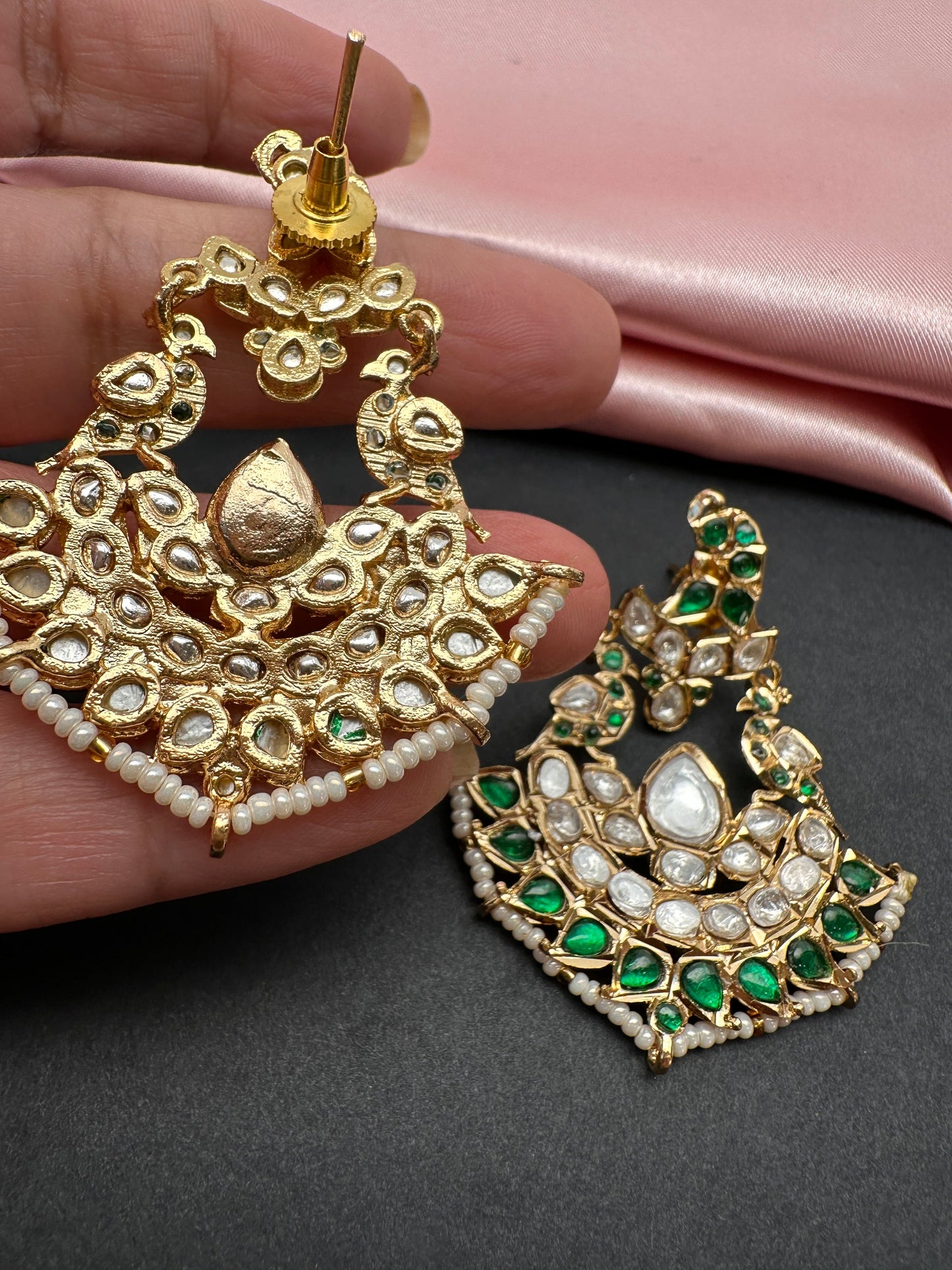 Green Jadau Kundan Chandbali Earrings