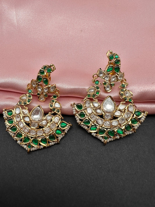 Green Jadau Kundan Chandbali Earrings