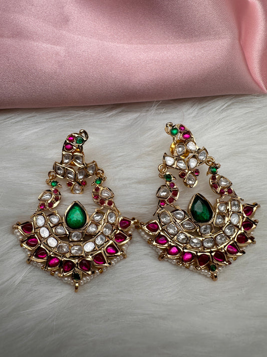 Red Green Jadau Kundan Chandbali Earrings