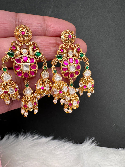 Peacock Red Green Jadau Kundan Jhumki Earrings