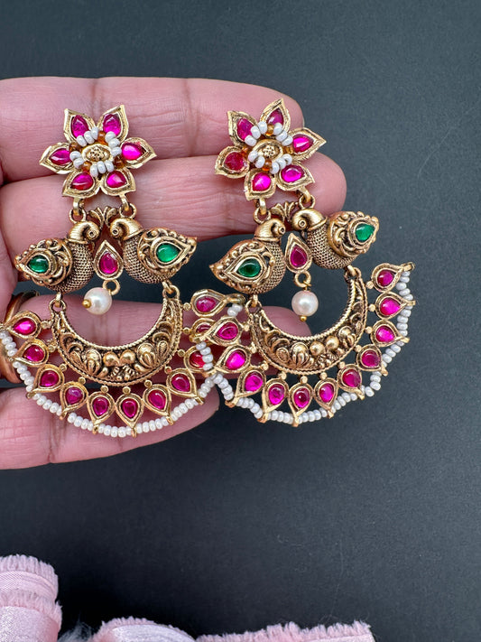 Peacock Red Green Jadau Kundan Chandbali Earrings