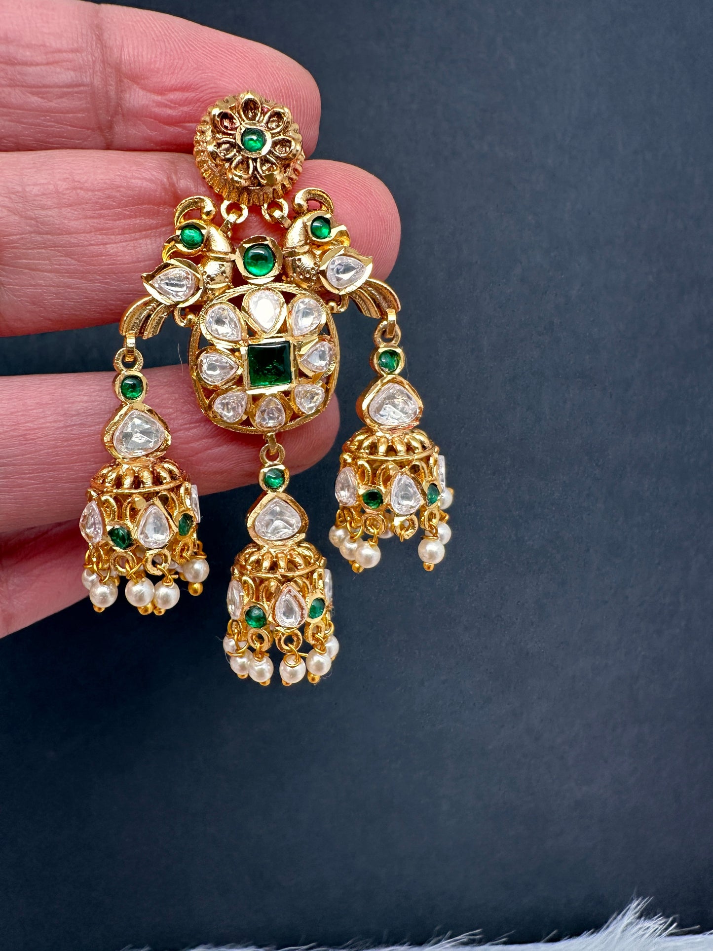 Peacock Green Jadau Kundan Jhumki Earrings