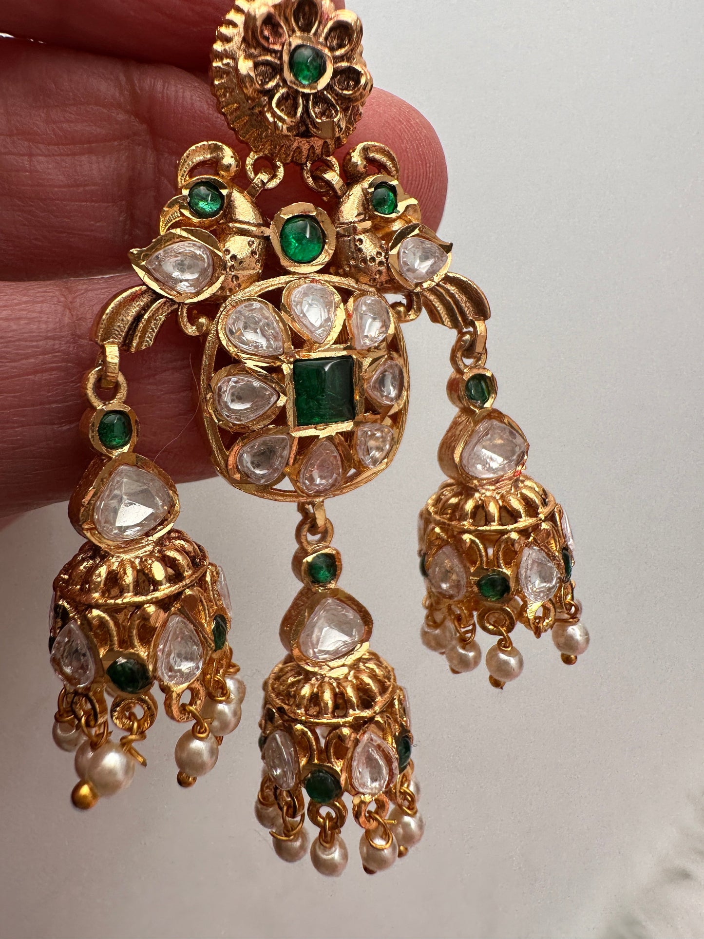 Peacock Green Jadau Kundan Jhumki Earrings