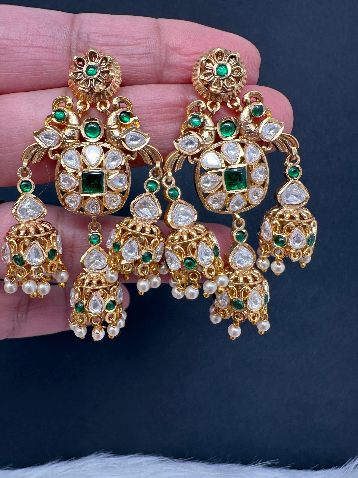 Peacock Green Jadau Kundan Jhumki Earrings