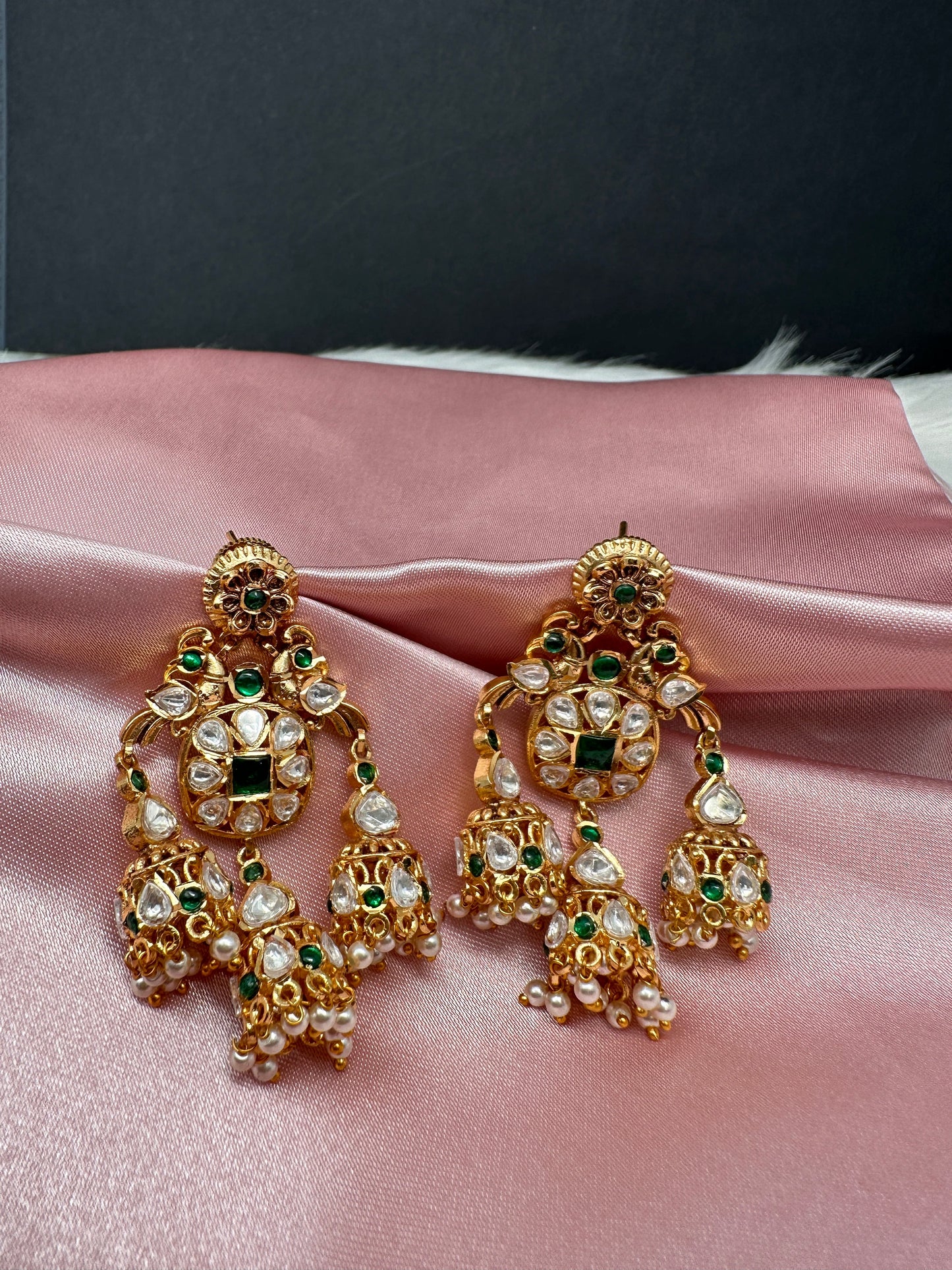 Peacock Green Jadau Kundan Jhumki Earrings