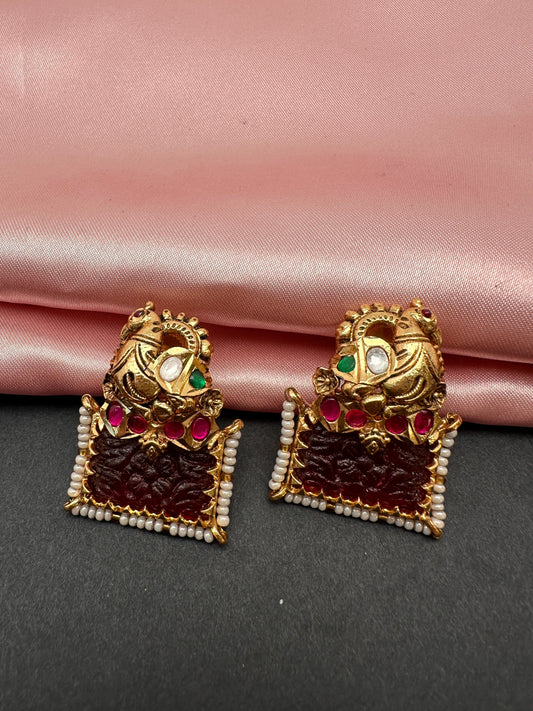 Peacock Red Carved Stone Jadau Kundan Earrings