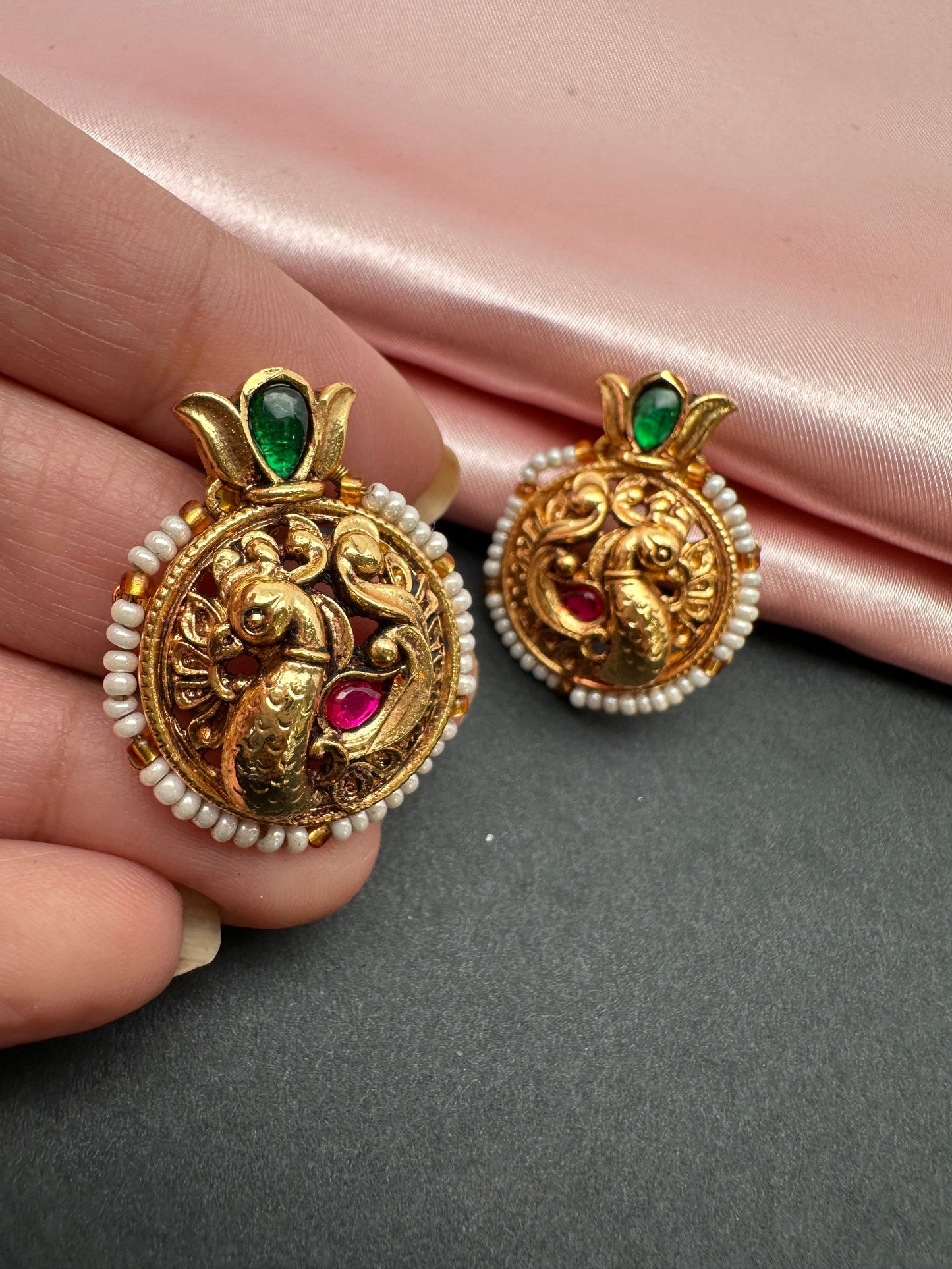 Peacock Red Green Jadau Kundan Studs Earrings