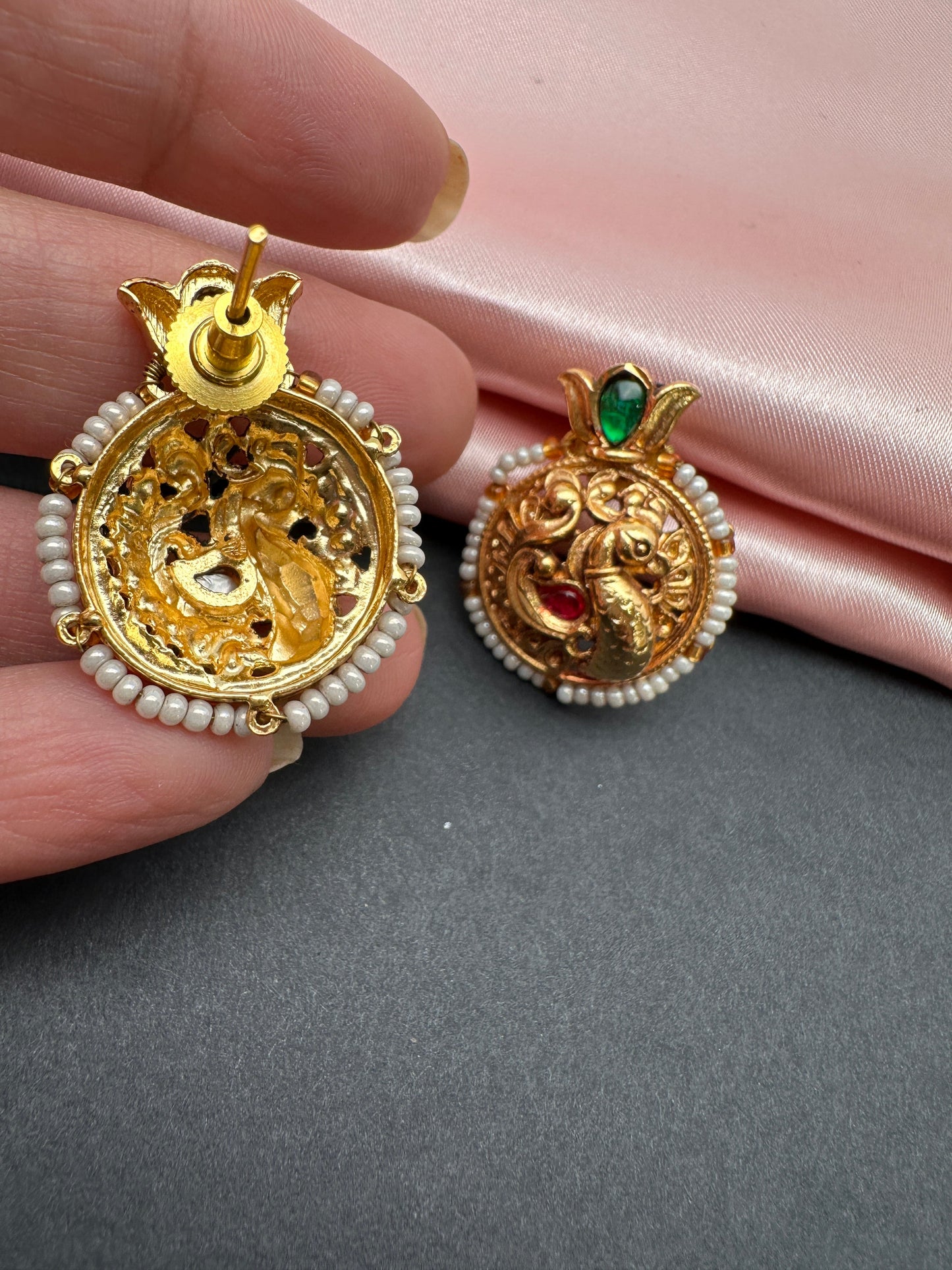 Peacock Red Green Jadau Kundan Studs Earrings