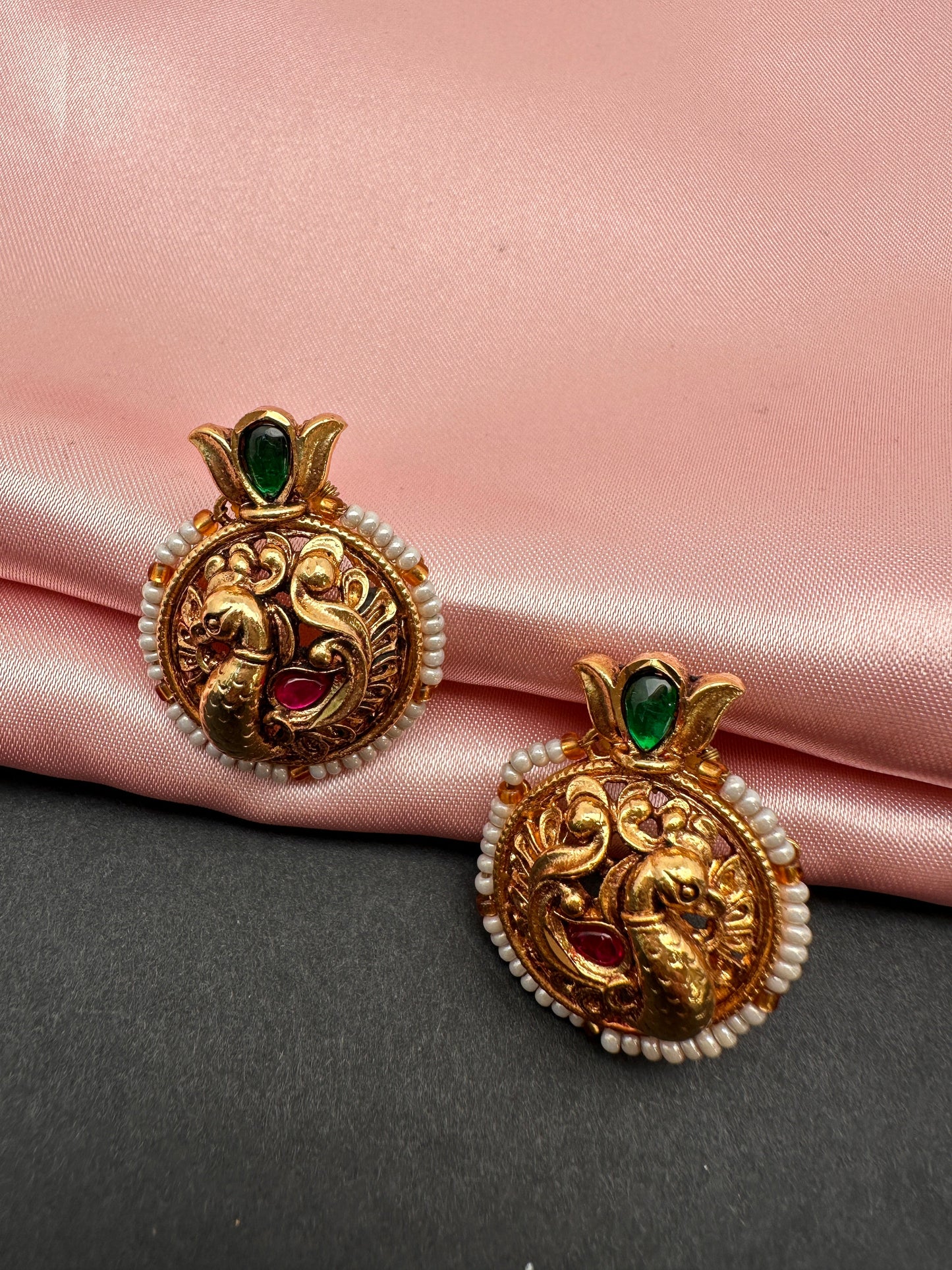 Peacock Red Green Jadau Kundan Studs Earrings