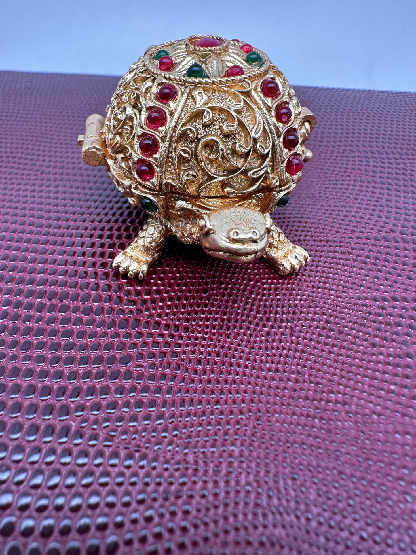 Turtle Design Red Green Stone Matte Finish Kumkum Box Bharani