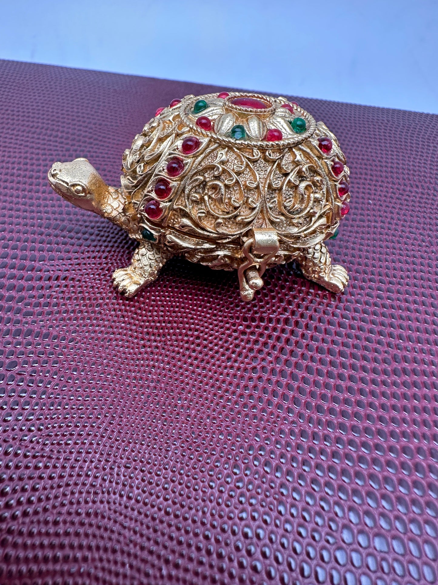 Turtle Design Red Green Stone Matte Finish Kumkum Box Bharani