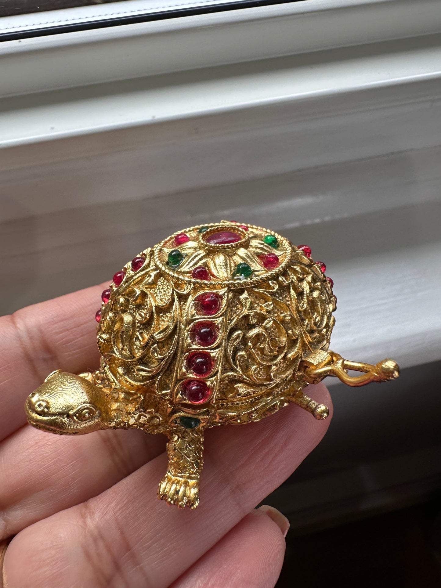 Turtle Design Red Green Stone Matte Finish Kumkum Box Bharani